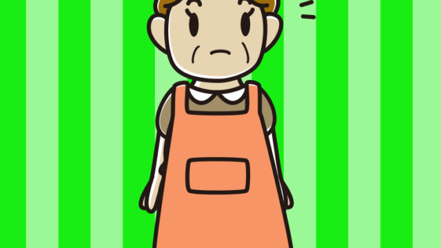 何かに気付くエプロン姿のおばさんのイラスト【色、背景あり】PNG