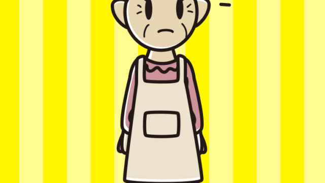 何かに気付くエプロン姿のおばあさんのイラスト【色、背景あり】PNG