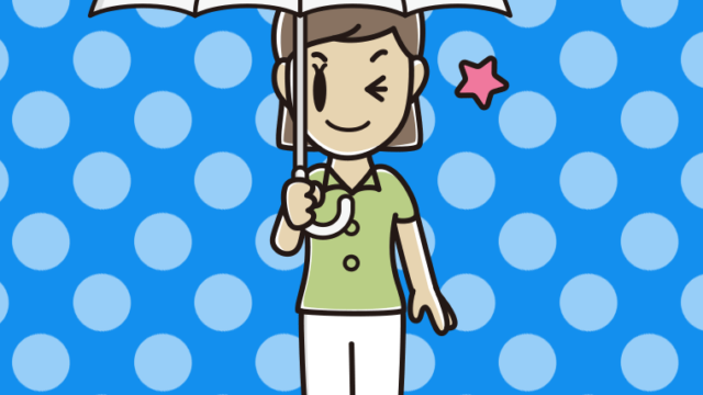 傘をさしてウインクする女性会社員（クールビズ）のイラスト【色、背景あり】PNG