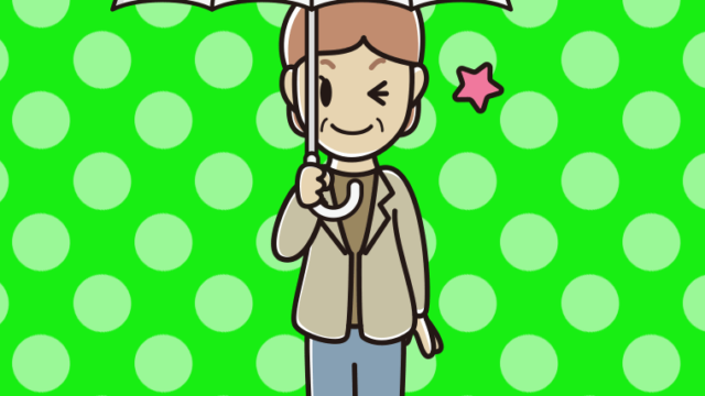 傘をさしてウインクする年配女性会社員（カジュアル）のイラスト【色、背景あり】PNG