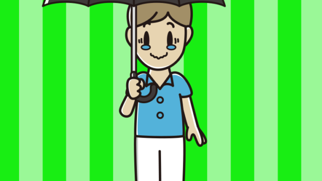 傘をさしてジーンとする男性会社員（クールビズ）のイラスト【色、背景あり】PNG