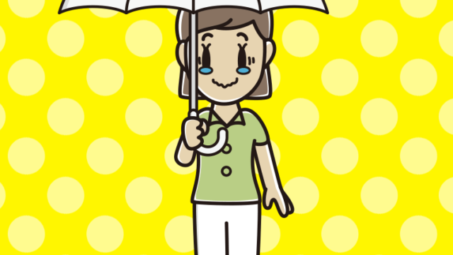 傘をさしてジーンとする女性会社員（クールビズ）のイラスト【色、背景あり】PNG