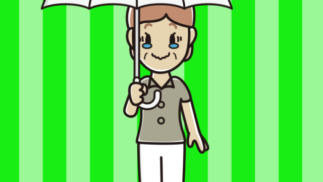 傘をさしてジーンとする年配女性会社員（クールビズ）のイラスト【色、背景あり】PNG