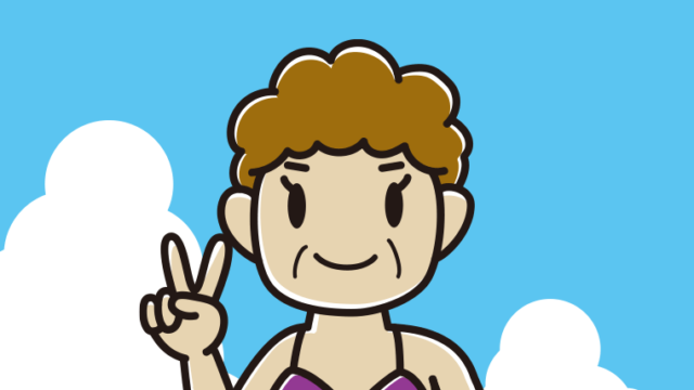 海に入ってピースをするおばさんのイラスト【色、背景あり】PNG