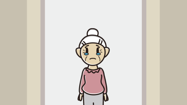 エレベーターで泣くおばあさんのイラスト【色、背景あり】PNG