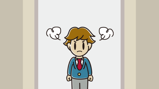 エレベーターで怒る男子高校生のイラスト【色、背景あり】PNG