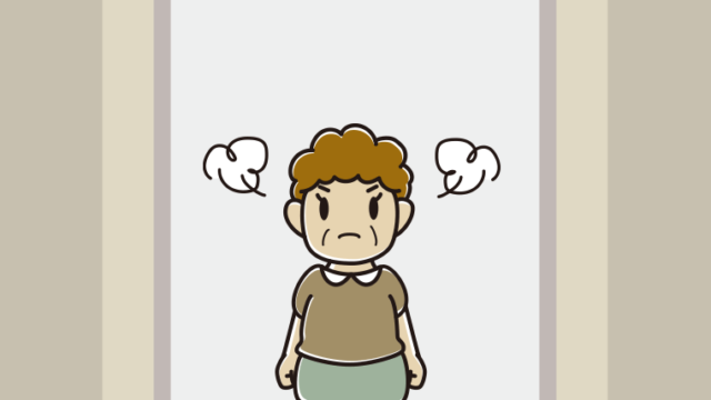 エレベーターで怒るおばさんのイラスト【色、背景あり】PNG