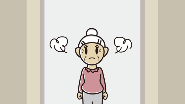 エレベーターで怒るおばあさんのイラスト【色、背景あり】PNG