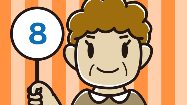 8の札を持つおばさんのイラスト【色、背景あり】PNG