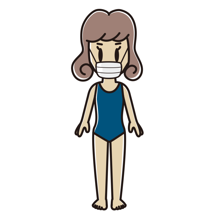 マスクをするスクール水着の女子大学生のイラスト【色あり、背景なし】透過PNG