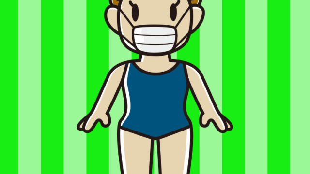 マスクをするスクール水着のおばさんのイラスト【色、背景あり】PNG