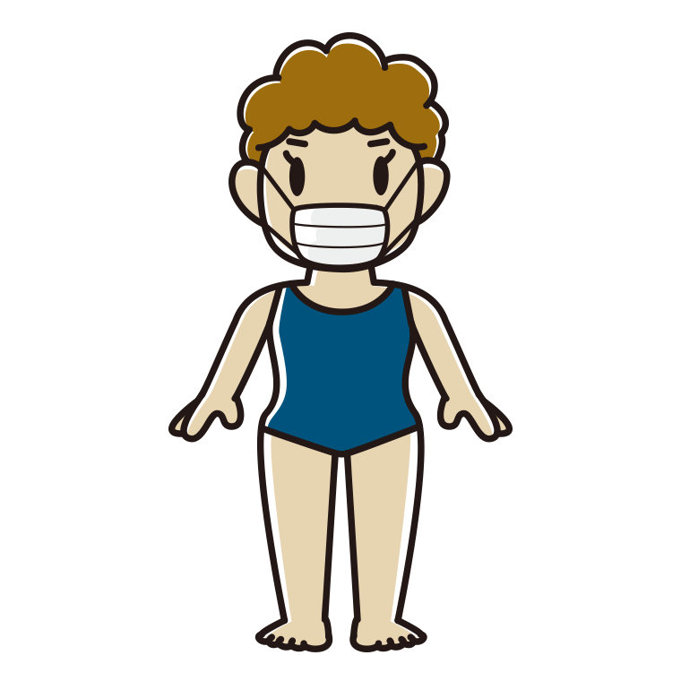 マスクをするスクール水着のおばさんのイラスト【色あり、背景なし】透過PNG