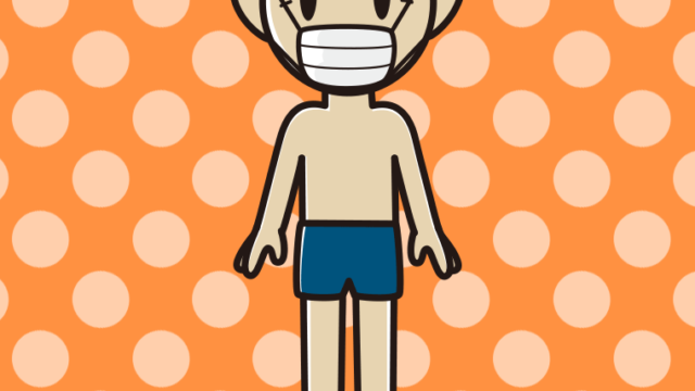 マスクをするスクール水着のおじいさんのイラスト【色、背景あり】PNG