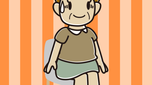 椅子で苦笑いするおばさんのイラスト【色、背景あり】PNG