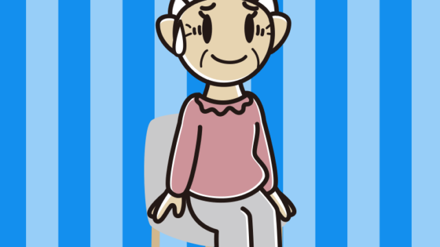 椅子で苦笑いするおばあさんのイラスト【色、背景あり】PNG