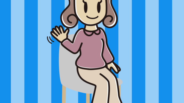椅子で手を振る女子大学生のイラスト【色、背景あり】PNG