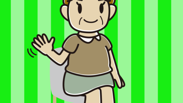 椅子で手を振るおばさんのイラスト【色、背景あり】PNG
