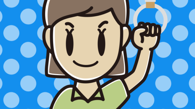 つり革につかまる女性会社員（クールビズ）のイラスト【色、背景あり】PNG