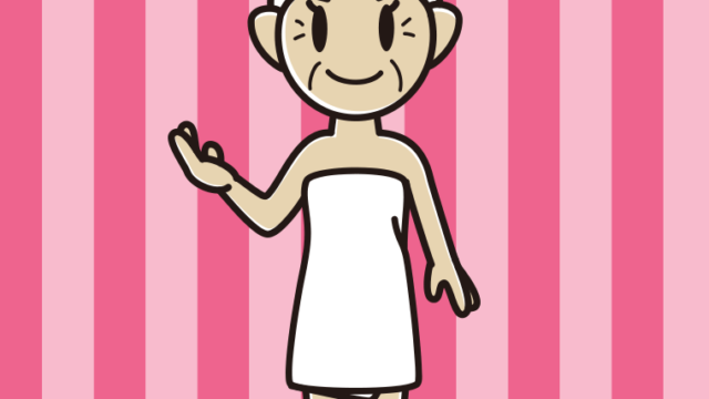 案内するバスタオル姿のおばあさんのイラスト【色、背景あり】PNG
