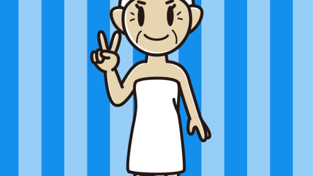 ピースをするバスタオル姿のおばあさんのイラスト【色、背景あり】PNG