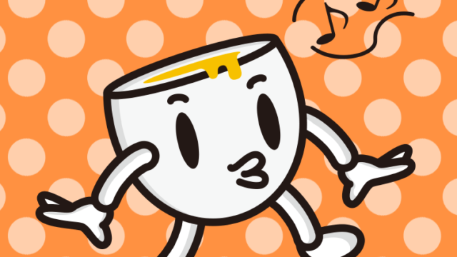 口笛を吹く半熟卵ちゃんのイラスト【色、背景あり】PNG