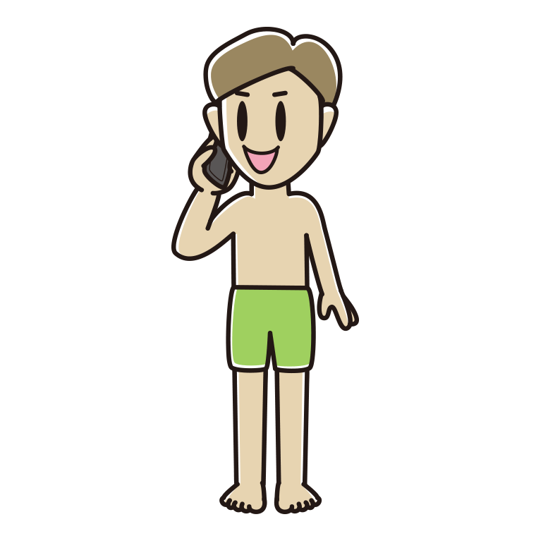 スマホで電話する水着の男性のイラスト【色あり、背景なし】透過PNG