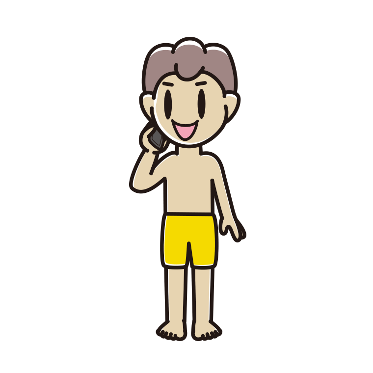 スマホで電話する水着の男子中学生のイラスト【色あり、背景なし】透過PNG