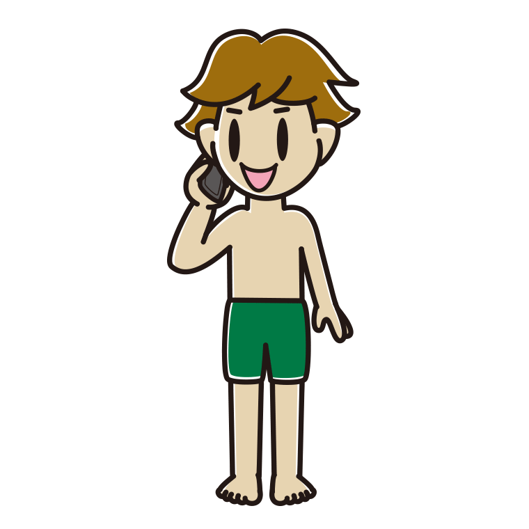 スマホで電話する水着の男子高校生のイラスト【色あり、背景なし】透過PNG