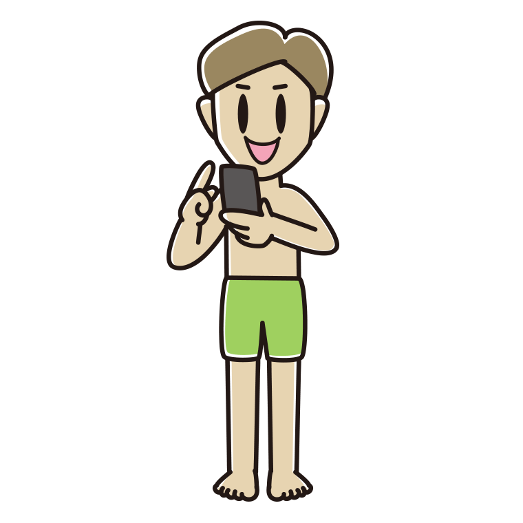 スマホを使う水着の男性のイラスト【色あり、背景なし】透過PNG