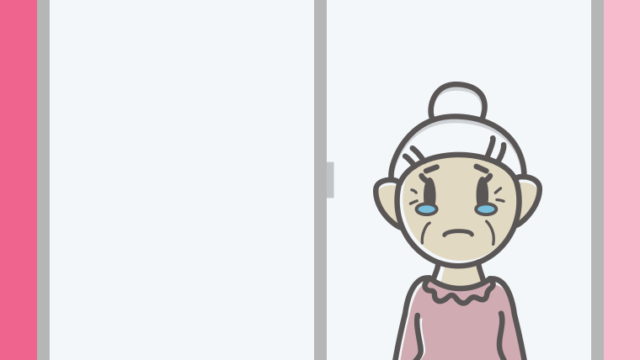窓で泣くおばあさんのイラスト【色、背景あり】PNG