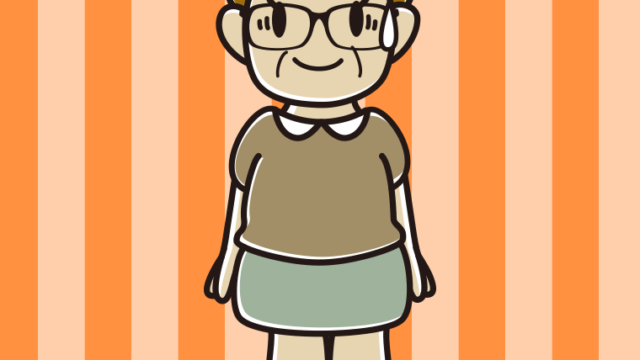 苦笑いする眼鏡のおばさんのイラスト【色、背景あり】PNG