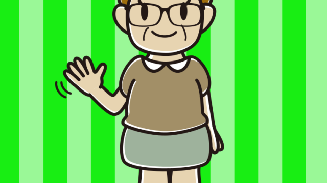 手を振る眼鏡のおばさんのイラスト【色、背景あり】PNG