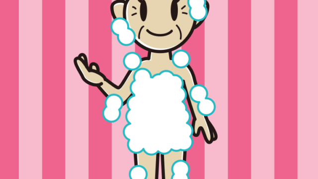 案内する泡だらけのおばあさんのイラスト【色、背景あり】PNG