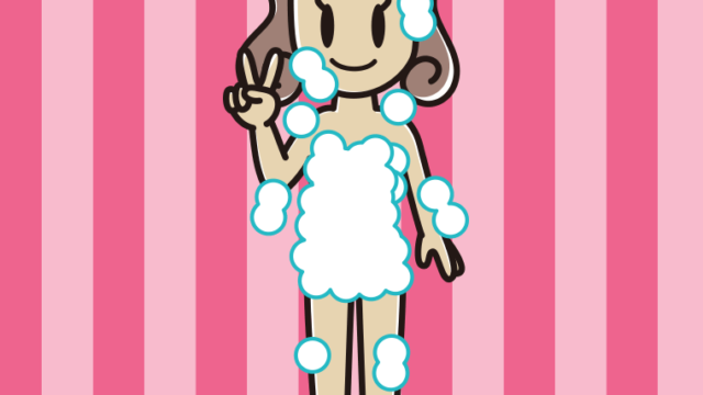 ピースをする泡だらけの女子大学生のイラスト【色、背景あり】PNG