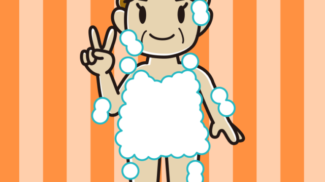ピースをする泡だらけのおばさんのイラスト【色、背景あり】PNG