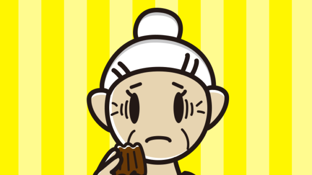 カヌレで困るおばあさんのイラスト【色、背景あり】PNG