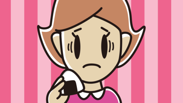 おにぎりで困る女性のイラスト【色、背景あり】PNG