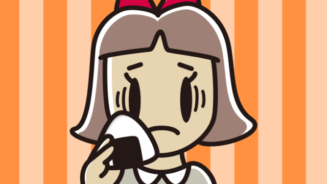 おにぎりで困る小学生女子のイラスト【色、背景あり】PNG