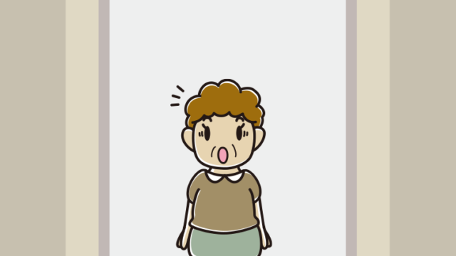 エレベーターで驚くおばさんのイラスト【色、背景あり】PNG