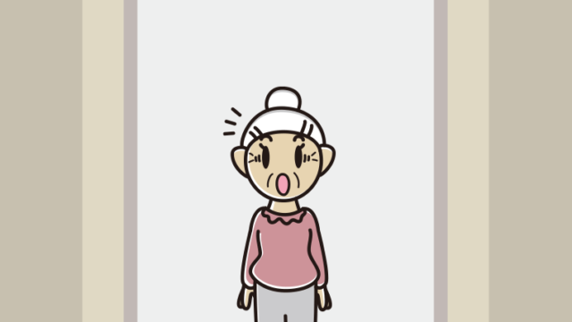 エレベーターで驚くおばあさんのイラスト【色、背景あり】PNG
