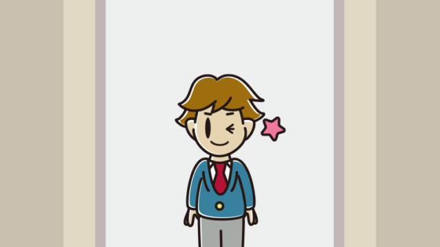 エレベーターでウインクする男子高校生のイラスト【色、背景あり】PNG