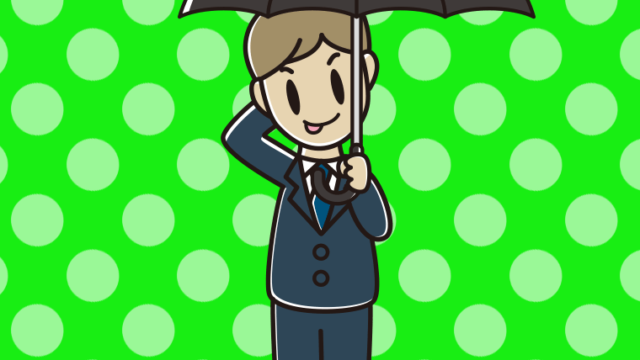 傘をさしてテヘヘな男性会社員のイラスト【色、背景あり】PNG