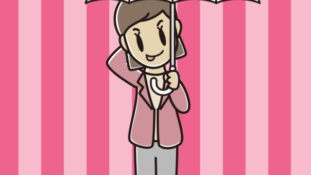 傘をさしてテヘヘな女性会社員（カジュアル）のイラスト【色、背景あり】PNG