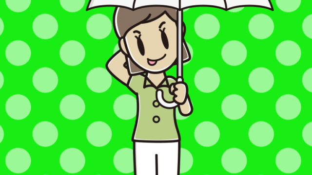 傘をさしてテヘヘな女性会社員（クールビズ）のイラスト【色、背景あり】PNG