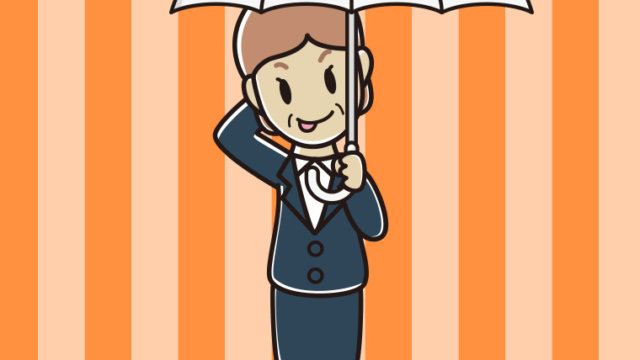 傘をさしてテヘヘな年配女性会社員のイラスト【色、背景あり】PNG