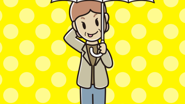 傘をさしてテヘヘな年配女性会社員（カジュアル）のイラスト【色、背景あり】PNG