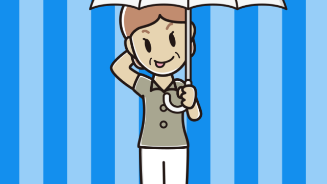 傘をさしてテヘヘな年配女性会社員（クールビズ）のイラスト【色、背景あり】PNG