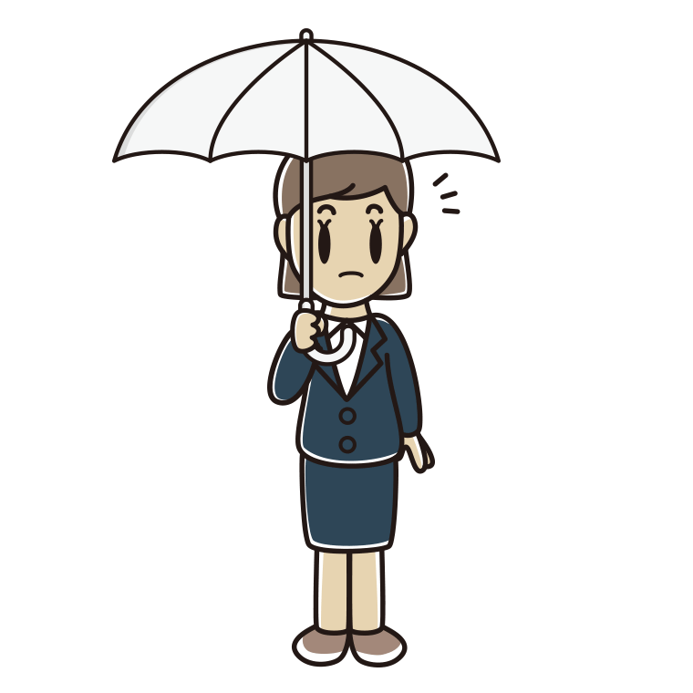 傘をさして何かに気付く女性会社員のイラスト【色あり、背景なし】透過PNG