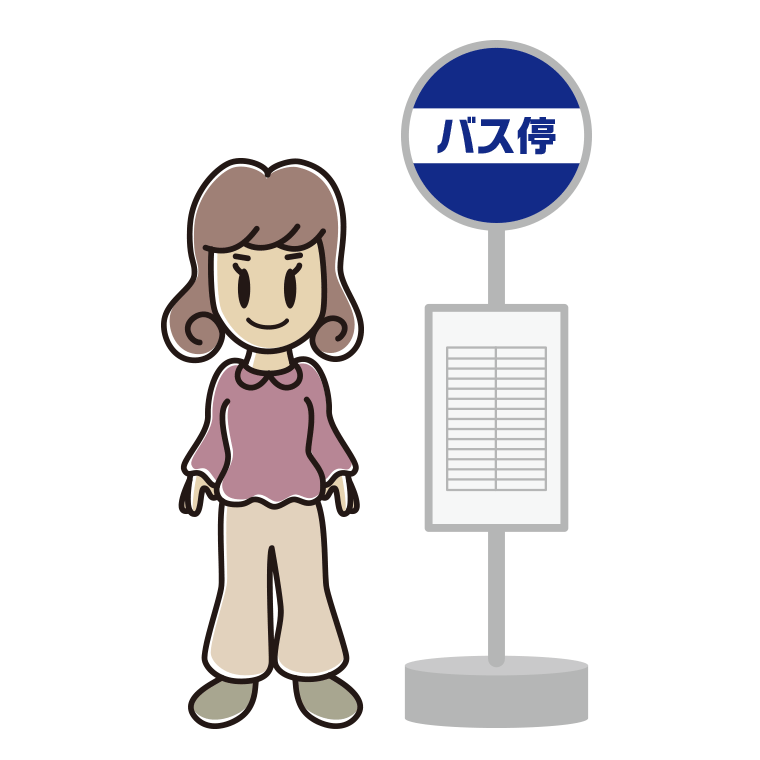 バス停で待つ女子大学生のイラスト【色あり、背景なし】透過PNG