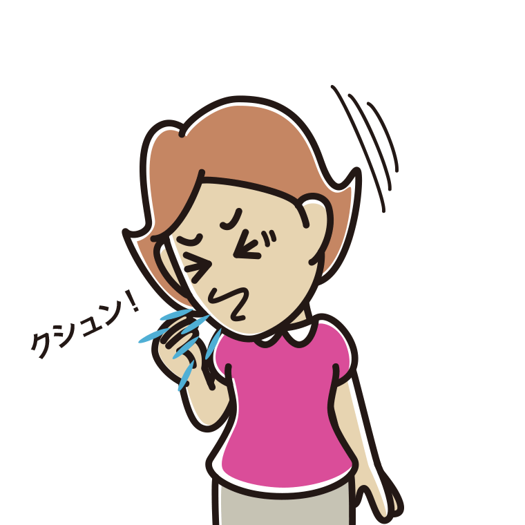 くしゃみをする女性のイラスト【色あり、背景なし】透過PNG